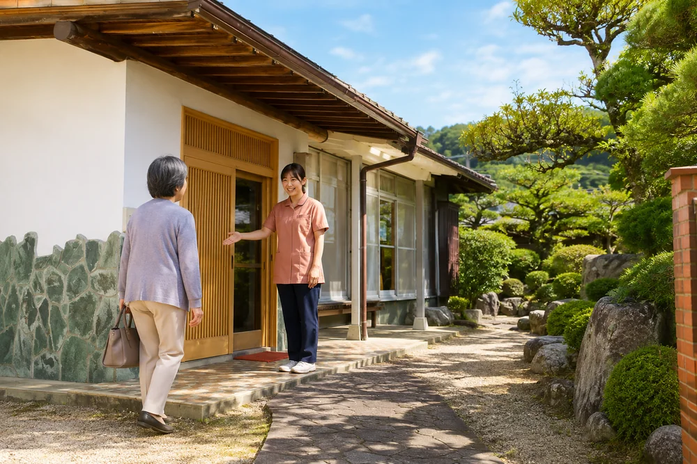 玄関先で利用者を迎えるスタッフ