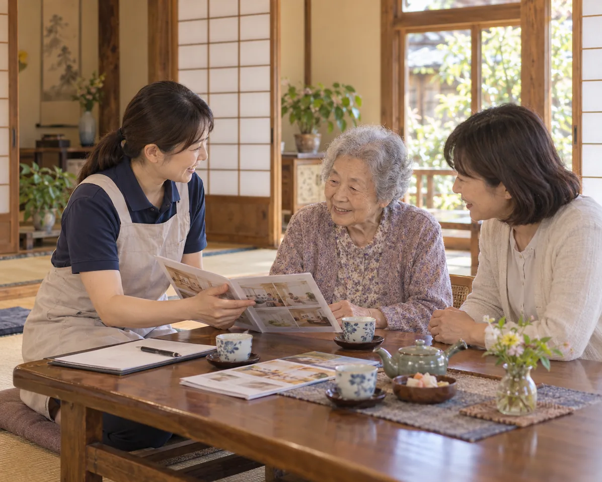民家型の施設で相談・面談をする様子