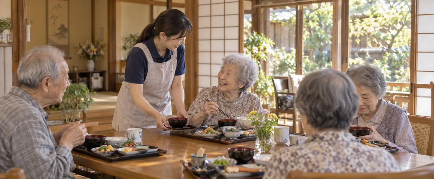 昼食を囲む利用者とスタッフ