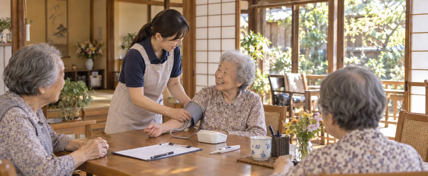 血圧を測定して体調を確認する様子