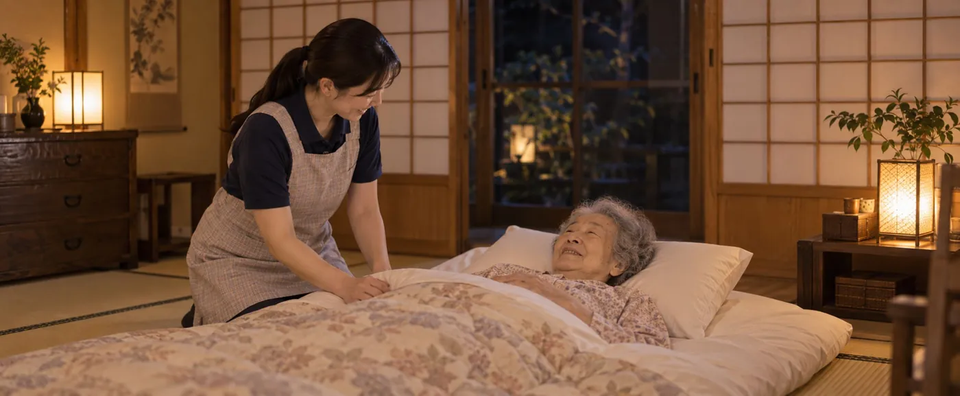 お泊まりで就寝する利用者に付き添うスタッフ
